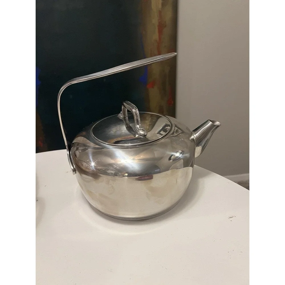 Vtg Lagostina Stainless Steel Stovetop Tea Kettle Dramatic Architecural Handle